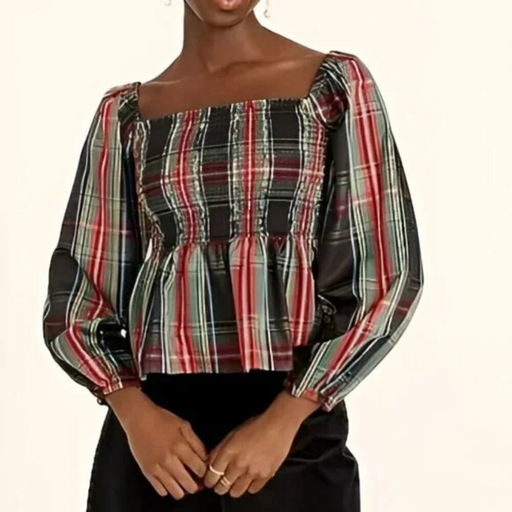 NWT J Crew Green Blue Red Tartan Plaid Fall Crop Peplum Peasant Blouse Top XS